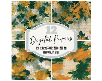 12x Impressionist Batik Junk Journal Paper Amber Forest Green Digital Paper Pack Watercolor Texture Scrapbook Paper Ephemera JPGs Digital