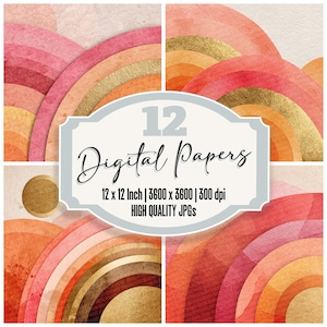 May include: A collection of 12 digital papers featuring watercolor designs in shades of pink, orange, and gold. Each paper has a rainbow-like pattern. The text on the image reads "12 Digital Papers" and "12 x 12 Inch | 3600 x 3600 | 300 dpi HIGH QUALITY JPGs."