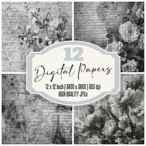Paquete de 12 papeles digitales Film Flora Junk Journal Script, papel para álbum de recortes, archivos JPG de alta calidad con diseño floral en blanco y negro, descarga de papel para álbum de recortes