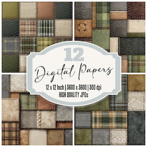 May include: A digital paper set featuring 12 patchwork designs. Each design is a square of various textures and colors, including green, brown, and tan. The text on the image reads "12 Digital Papers, 12 x 12 Inch | 3600 x 3600 | 300 dpi, HIGH QUALITY JPGs."