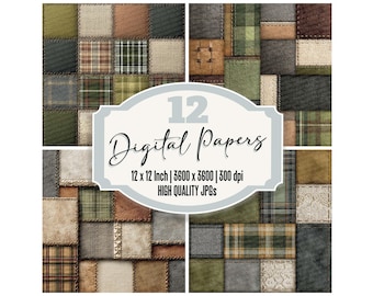 12x Earth Tartan Patchwork Junk Journal Paper Fabric Texture Digital Paper Pack Scrapbook Backgrounds Printable High Quality JPGs Download