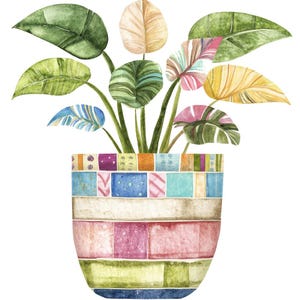 Patchwork House Plant PNG Clipart, 12x Quilted Plant Clip Art Set, Watercolor Fabric Pot Illustration, Printable Clip Art, Digital Download