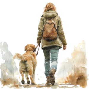 12 Clipart di donna che porta a spasso il cane, Clipart di acquerello di un dog walker, Clipart stampabili, Artigianato di carta, Arte murale, Download digitale, Diari spazzatura
