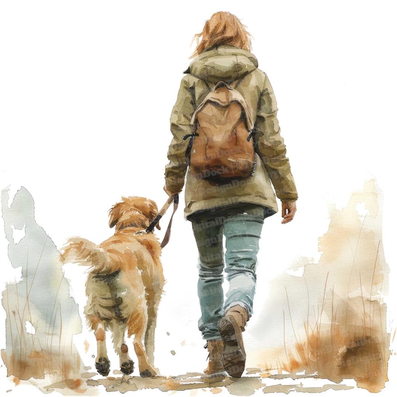 12 犬の散歩をする女性のクリップアート、水彩画の犬の散歩をする人の