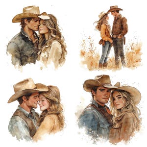 Cowboy Couple Clip Art, 12x Western Romance Clipart Set, Ilustrações de casal country em aquarela, Download digital, Decoração rústica, Scrapbooking