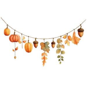 May include: Watercolor illustration of a garland featuring pumpkins, acorns, and fall leaves in shades of orange, yellow, and brown. The garland is suspended by a thin brown string, perfect for autumn-themed decorations.