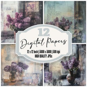Paquete de 12 papeles digitales para diario basura con diseño de ventana lila lacrimógeno, archivos JPG de alta calidad, fondo floral imprimible, textura desgastada.