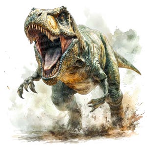 Op de afbeelding: Een aquarel schilderij van een Tyrannosaurus Rex dinosaurus met zijn bek open, waardoor zijn tanden zichtbaar zijn. De dinosaurus is afgebeeld in een rennende pose, met zijn benen en staart in beweging. De achtergrond is lichtbruin van kleur met spatten van groen en wit.
