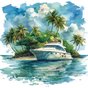 Clipart motoscafo, 12 JPG, ancorato a un'isola tropicale, Clipart acquerello stampabile, arte murale, download digitale, diari spazzatura, grafica