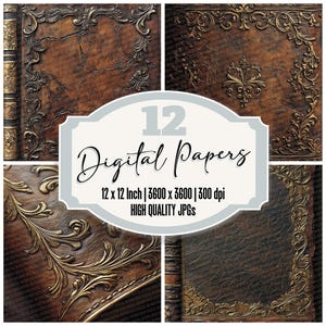 12x Aged Leather Digital Paper, Rustic Junk Journal Paper, Ornate Book Cover Backgrounds, Vintage Scrapbook Texture, Printable Paper Pack