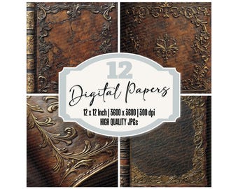 12x Aged Leather Digital Paper, Rustic Junk Journal Paper, Ornate Book Cover Backgrounds, Vintage Scrapbook Texture Printable Paper Pack XYZ