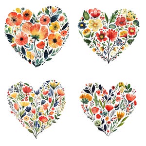 Puede incluir: Cuatro ilustraciones de acuarela de corazones llenos de flores coloridas. Cada coraz&oacute;n es una disposici&oacute;n diferente de flores en tonos de rojo, naranja, amarillo, azul y verde.