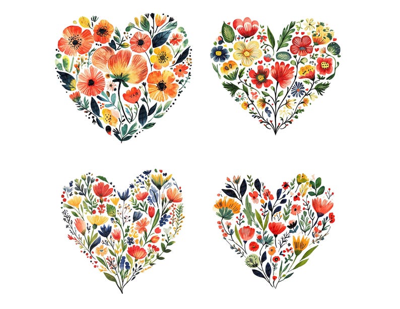 Puede incluir: Cuatro ilustraciones de acuarela de corazones llenos de flores coloridas. Cada coraz&oacute;n es una disposici&oacute;n diferente de flores en tonos de rojo, naranja, amarillo, azul y verde.