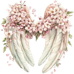 Imágenes prediseñadas de alas de ángel con flores, conjunto de 12 PNG de acuarela de flores de cerezo, descarga de arte digital, PNG de alta calidad, manualidades de papel, revistas basura