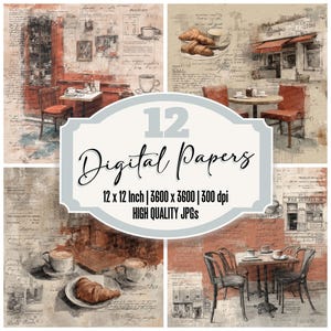 Parisian Café Collage Digital Paper Pack 12x Printable Coffee & Croissant Illustration French Café Scene Background for Junk Journals