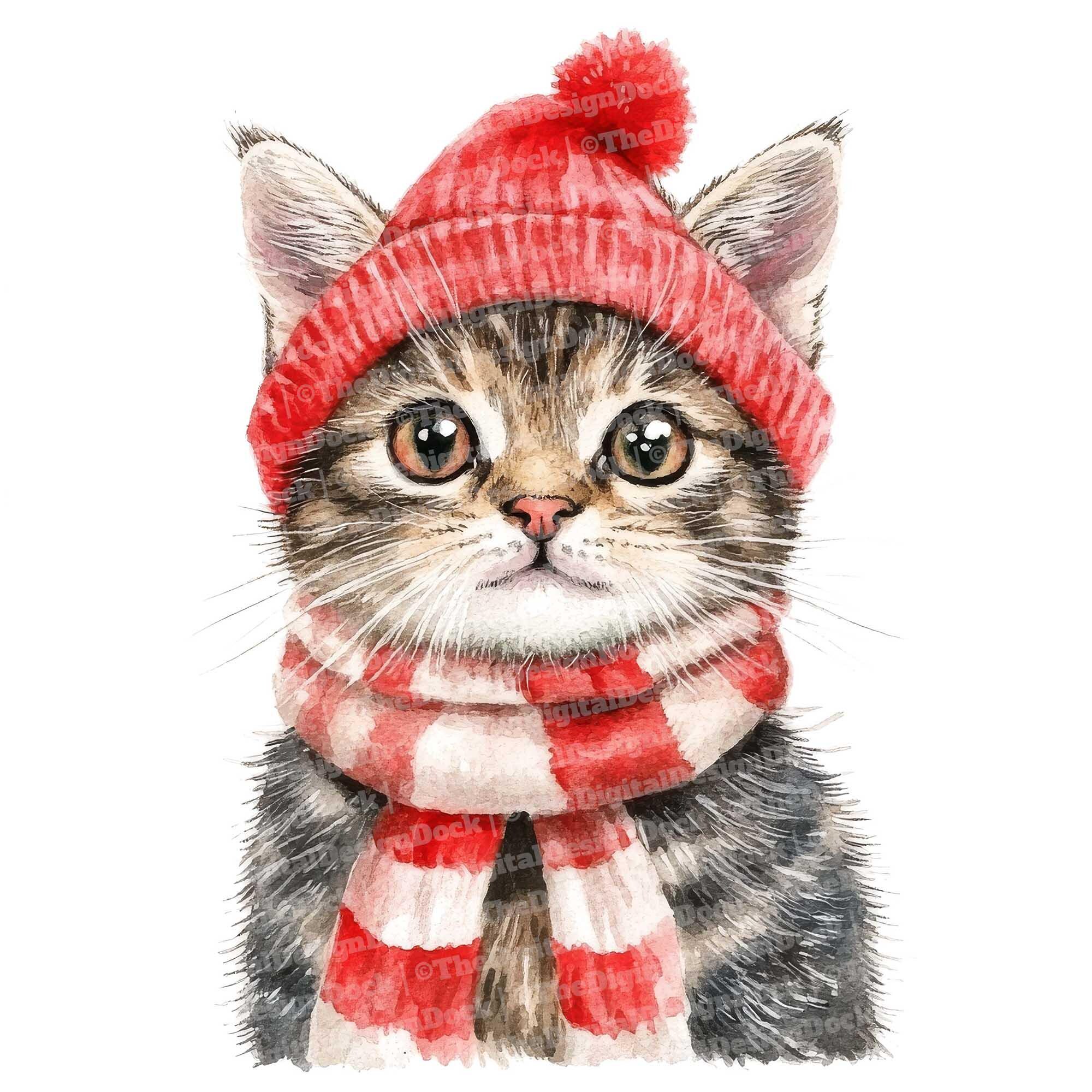 クリスマス猫のクリップアート、12 枚のサンタ猫の水彩クリップアート