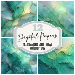 Puede incluir: Una impresión de arte digital con cuatro paneles de texturas abstractas en tonos turquesa y dorado. La imagen incluye el texto "12 Digital Papers" y detalles: 12 x 12 pulgadas | 3600 x 3600 | 300 ppp HIGH QUALITY JPGs.