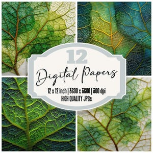 May include: A digital art composition featuring four leaf close-ups in shades of green, yellow, and blue. The image includes the text "12 Digital Papers" with dimensions of 12 x 12 inches and 3600 x 3600 pixels, and "HIGH QUALITY JPGs".
