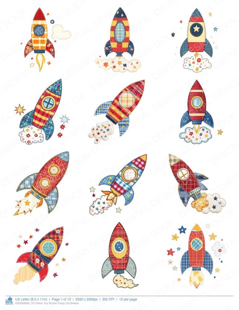 Fabric Toy Rocket Fussy Cut Sheets, 12x Printable Pages, Junk Journal ...