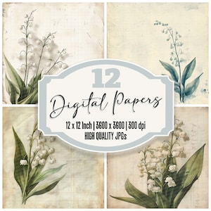 12 x Lily of the Valley Junk Journal Paper vintage Botanical Sketch Pack de papier numérique JPG de haute qualité, téléchargement numérique