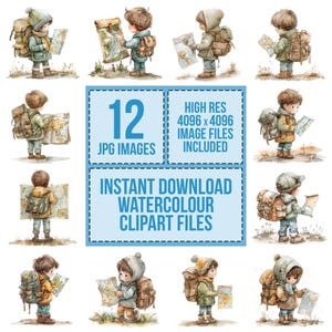 12 Entdecker Junge Clipart, Aquarell Kinder Abenteuer Clipart, druckbare Clipart, Papiermodelle, Wandkunst, digitaler Download, Junk Journals