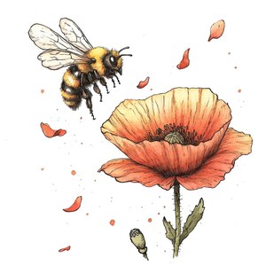 Bee Over Falling Poppy PNG Clip Art, 12x Poppy Flower and Bee Clipart Set, Printable Watercolor Clip Art, Digital Download, Transparent PNG
