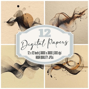 May include: A digital art print featuring four panels with abstract designs in black, brown, and beige. The artwork includes flowing lines and splatters. The center of the image displays text that reads "12 Digital Papers" and details about the image size.