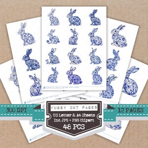 Puede incluir: Hojas de papel blancas con ilustraciones de conejos florales azules. Las hojas están dispuestas en forma de abanico, con el texto "FUSSY CUT PAGES" y "48 PCS" visibles. La imagen también incluye el texto "300 DPI" y "12 PAGES".