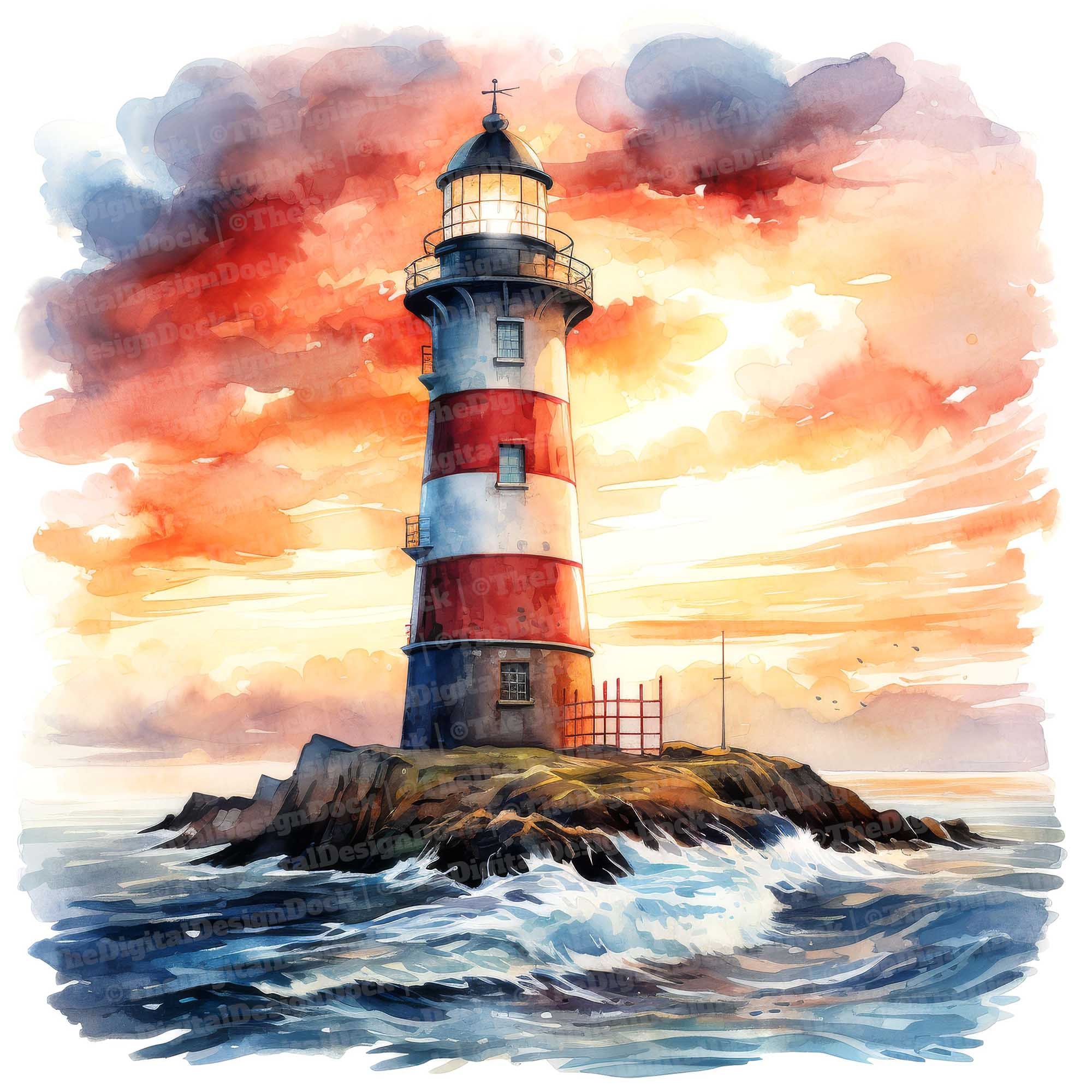 Lighthouses Clipart, 12 JPGs, Lighthouse at Sunset Clip Art, Printable Image,Illustration,Wall Art,Digital Download, Junk Journals, Graphics