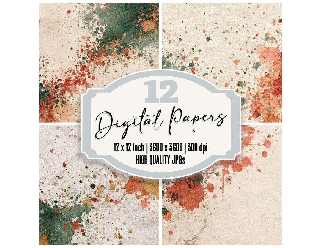 Rustic Splatter Sage Rust Digital Paper Pack 12x Junk Journal Paper ...