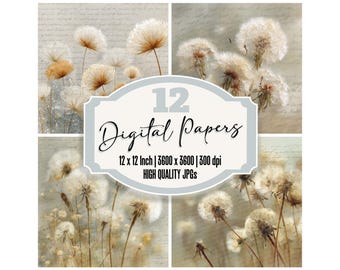 12x Distressed Dandelion Digital Paper Pack Junk Journal Paper Wish Botanical Backgrounds Vintage Scrapbook Printable JPGs Ephemera