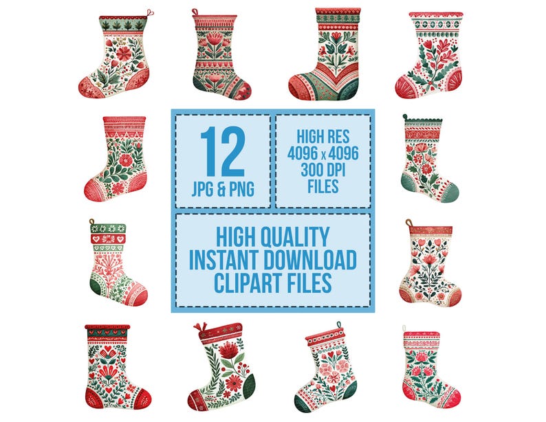 12 Christmas Stocking PNG Clipart, Folk Art Holiday Stockings Clip Art ...