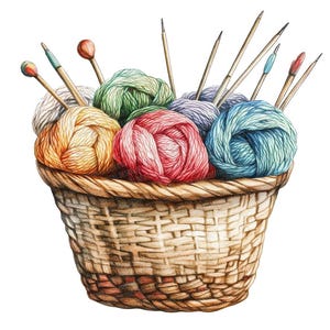Strickkorb PNG Clipart, 12x Wollknäuel und Nadel Clip Art Set, druckbare Aquarell Clip Art, Papierhandwerk, Junk Journal Bundle