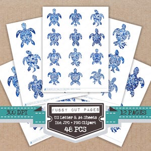 May include: Sheets of paper featuring blue and white turtle designs. The turtles display detailed patterns. The image includes the text "Fussy Cut Pages", "US Letter & A4 Sheets", "Inc. JPG + PNG Clipart", and "48 PCS". The image also includes the text "300 DPI" and "12 PAGES".