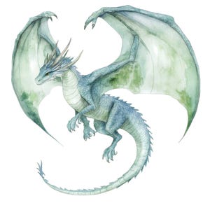 May include: A watercolor painting of a blue and green dragon with wings spread wide. The dragon is flying in mid-air with its tail curled around its body.