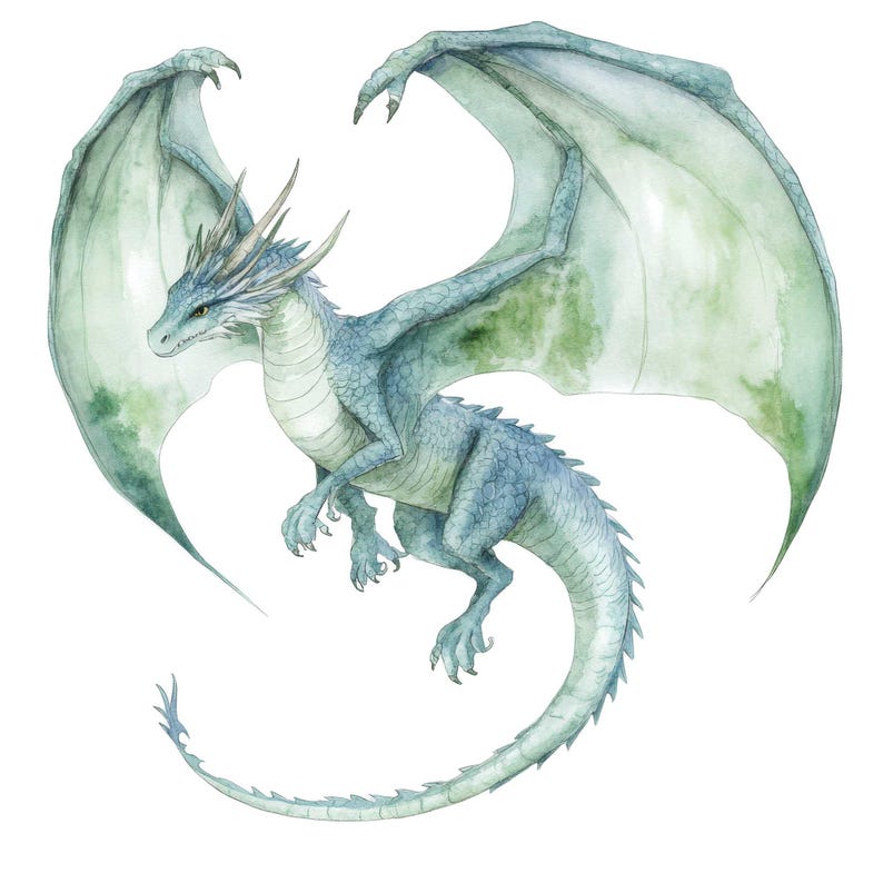 May include: A watercolor painting of a blue and green dragon with wings spread wide. The dragon is flying in mid-air with its tail curled around its body.