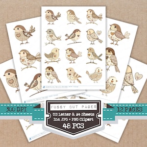 May include: A collection of printable bird designs on white paper. The birds are in various poses and patterns, featuring brown, beige, and cream colors. The image includes text that reads "Fussy Cut Pages" and "US Letter & A4 Sheets Inc. JPG + PNG Clipart 48 PCS".