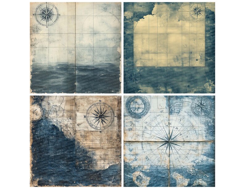 12x Nautical Compass Junk Journal Paper Drift Map Texture Digital Paper ...
