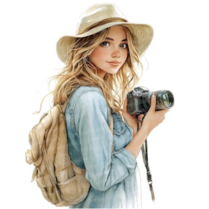May include: A woman wearing a beige hat and a blue denim shirt is holding a black camera with a lens. She is wearing a brown backpack.
