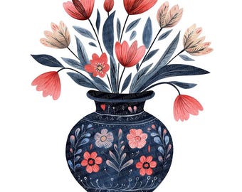 Folk Vase with Flowers PNG Clipart, 12x Vase and Flower Clip Art Set, Printable Watercolor Clip Art, Digital Download, Transparent PNG