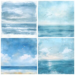 K&ouml;nnte beinhalten: Eine Collage aus vier Aquarellbildern, die Meerlandschaften mit blauem Himmel und Meer darstellen. Das obere linke Bild zeigt einen bew&ouml;lkten Himmel und unruhige Wellen. Das obere rechte Bild zeigt einen klaren Himmel und ruhiges Wasser. Das untere linke Bild zeigt einen bew&ouml;lkten Himmel und ruhiges Wasser. Das untere rechte Bild zeigt einen klaren Himmel und ruhiges Wasser mit einem Sonnenschein.