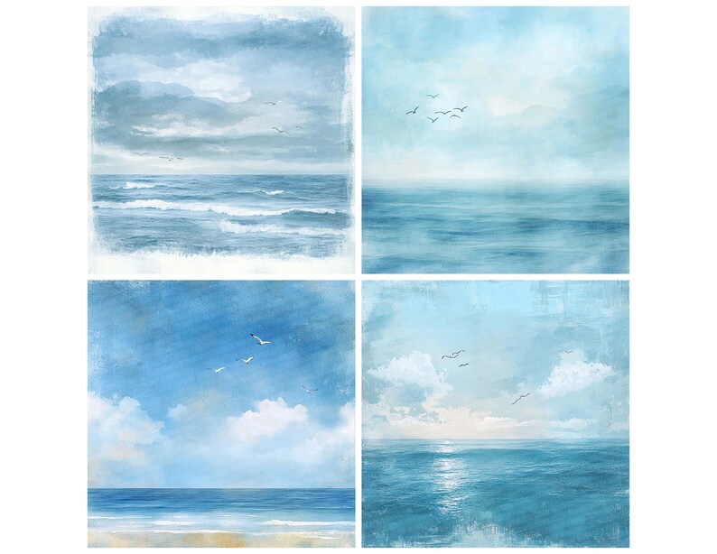 K&ouml;nnte beinhalten: Eine Collage aus vier Aquarellbildern, die Meerlandschaften mit blauem Himmel und Meer darstellen. Das obere linke Bild zeigt einen bew&ouml;lkten Himmel und unruhige Wellen. Das obere rechte Bild zeigt einen klaren Himmel und ruhiges Wasser. Das untere linke Bild zeigt einen bew&ouml;lkten Himmel und ruhiges Wasser. Das untere rechte Bild zeigt einen klaren Himmel und ruhiges Wasser mit einem Sonnenschein.