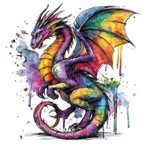Pode incluir: Ilustração de um dragão colorido com efeito aquarela. O dragão apresenta um corpo roxo, detalhes amarelos e laranja e asas arco-íris. Salpicos de tinta aquarela completam o design artístico.