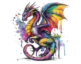 Dragon Art, 12x Neon Watercolor Dragon Clipart Set, Printable Fantasy Clip Art, Transparent PNG, JPG Digital Download, Mythical Creatures