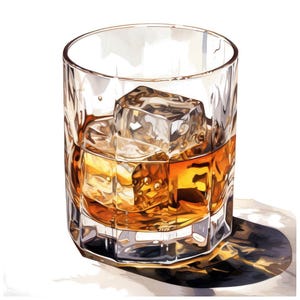 Whiskyglas clipart, 12 x Bourbon on the Rocks set, afdrukbare aquarel drankje kunst, digitale download, transparante achtergrond, JPG bundel