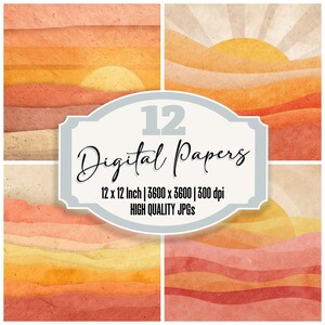 May include: Four digital paper designs with a sunset theme. The papers feature warm colors like orange, yellow, and red, with a sun graphic. The image includes the text "12 Digital Papers" and details about the paper size and resolution.