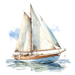 Clipart de veleiro, conjunto de 12 ilustrações náuticas vintage, arte em aquarela para imprimir, PNG com fundo transparente, download digital, artesanato em papel.