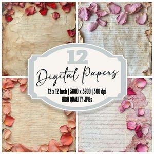 12x Carta da giornale con poesia di rose, cornice per bordi, carta digitale, sfondi vintage, JPG di alta qualità, carta stampabile, carta per scrapbooking