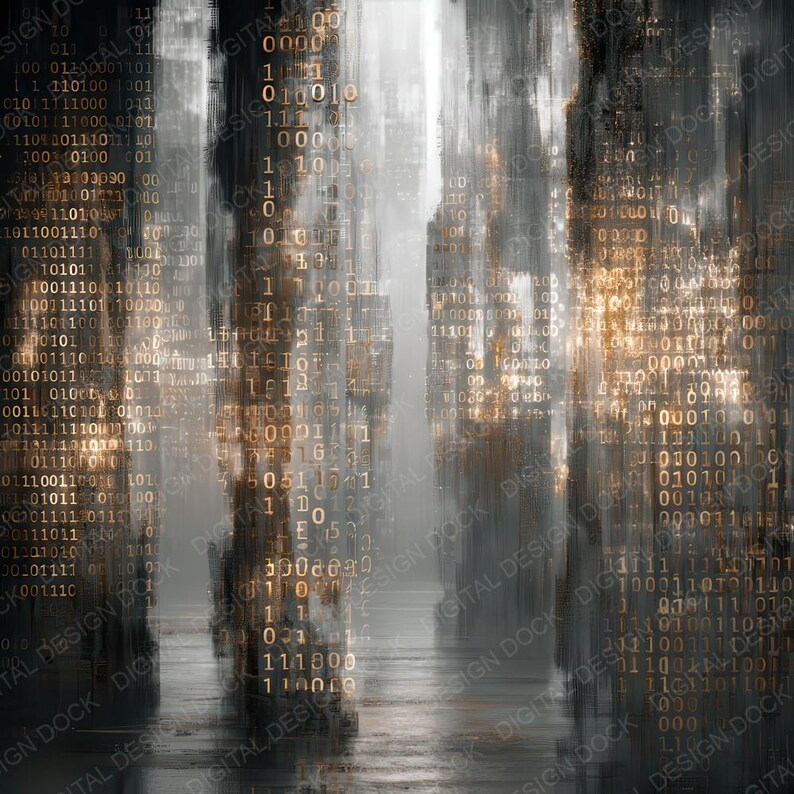 Peut inclure: Impression num&eacute;rique abstraite avec des stries verticales grises, noires et dor&eacute;es, ressemblant &agrave; un paysage urbain ou &agrave; un flux de donn&eacute;es. Des nombres en code binaire sont superpos&eacute;s, cr&eacute;ant une esth&eacute;tique moderne inspir&eacute;e de la technologie.