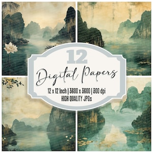 Paquete de 12 papeles digitales Vietnam Serenity Junk Journal con paisajes de loto, archivos JPG de alta calidad, fondos tranquilos y textura desgastada.